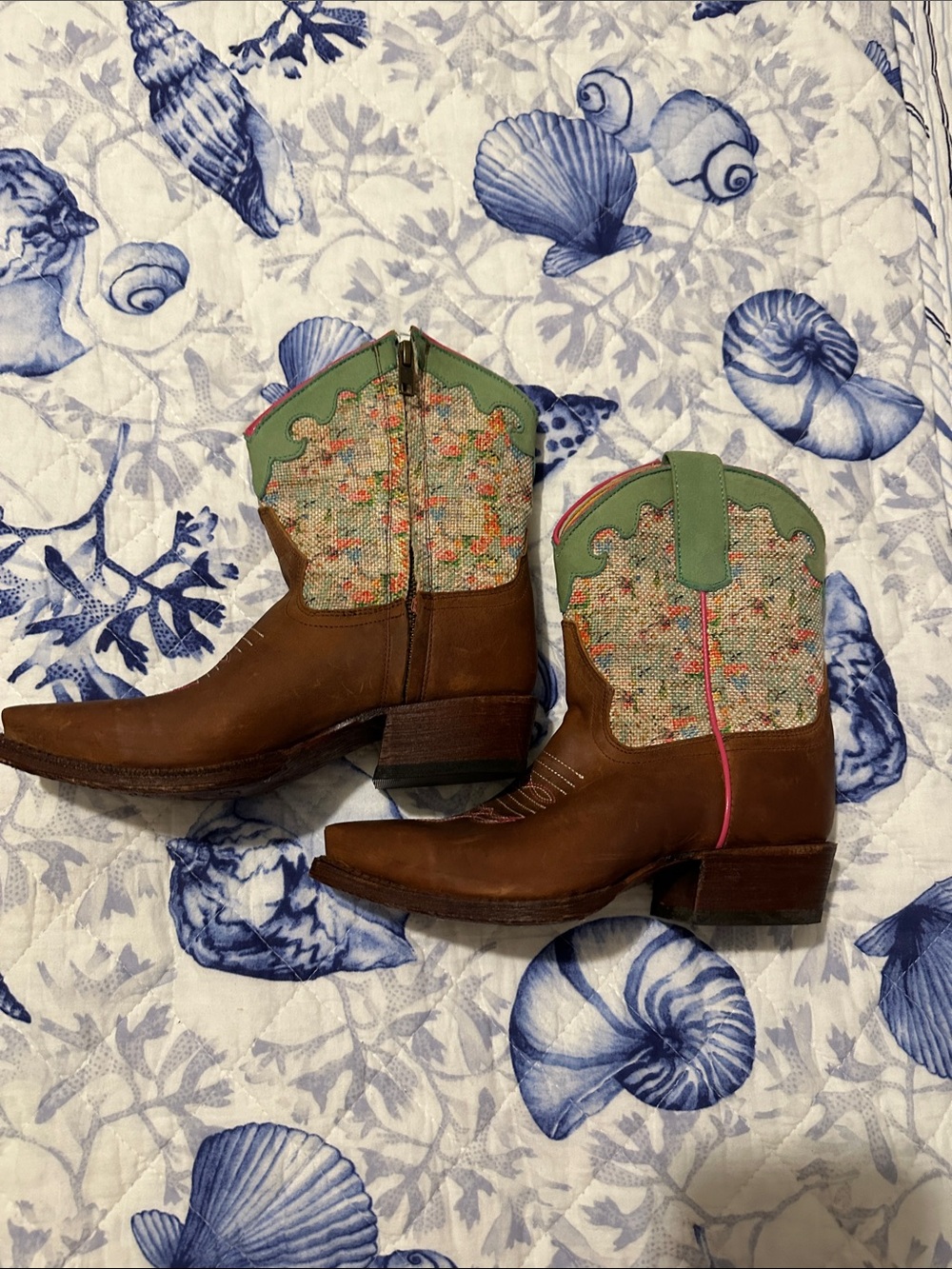 Macie Bean Brown Leather Cowboy Boots with Green & Pink Accents